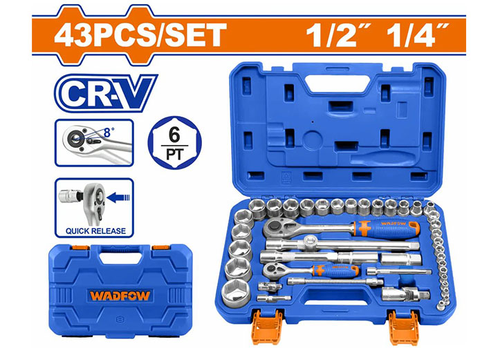 Bộ tuýp 43 chi tiết  (1/2" 8-32mm - 1/4" 4-14mm) Wadfow WST3D43